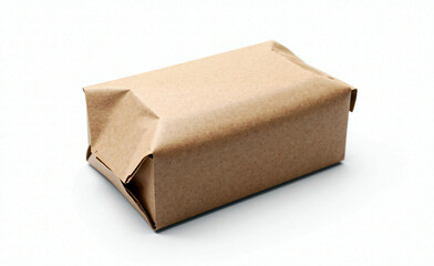 Rectangular cardboard box wrapped in plain brown kraft paper on a white background, simple and eco-friendly packaging concept.