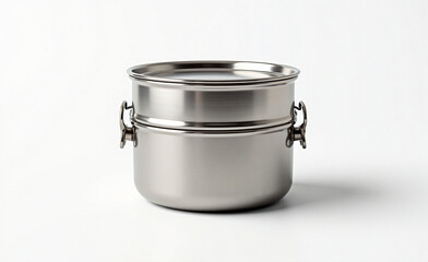 Stainless steel food container with latches on a white background, modern reusable metal lunch box for storage or camping use.