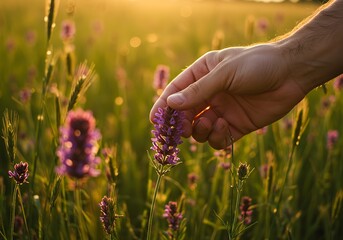 Hand touching purple wildflower in field illuminated by golden sunlight