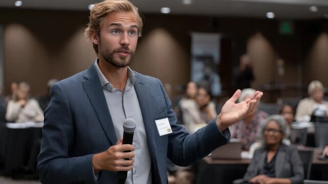 Entrepreneurship expert addresses audience at business symposium in a professional setting while engaging in a discussion about innovative strategies and growth opportunities