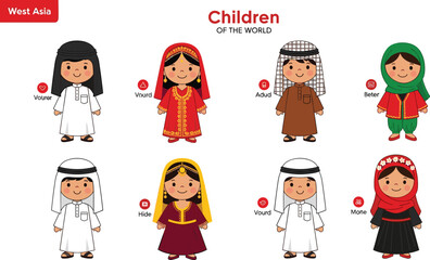 Cartoon Children in Traditional West Asian Clothing, Joyful Mood, One-Panel Cultural Diversity and Heritage Celebration Vector Illustration Design