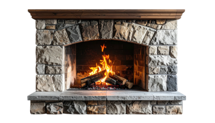 Stone fireplace burns brightly; inviting warmth