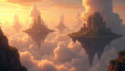 Dreamy digital artwork of floating islands. Sky castles rise in a fantastic world above fluffy clouds. Fantasy landscape features warm light. Surreal scenery with epic architecture.
