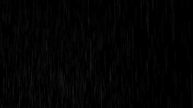 Realistic heavy rain falling vertically with flashes of lightning on black background. Use as an overlay for creating intense, stormy, or dramatic weather scenes