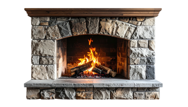 Stone fireplace burns brightly; inviting warmth