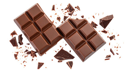 Two chocolate bars with chunks, against a dark background