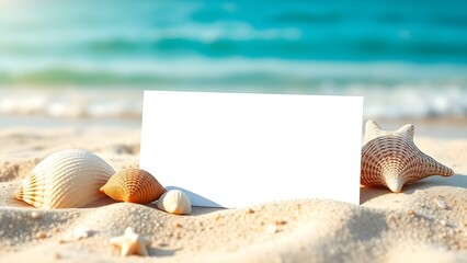 A blank white card mockup standing on a sunny beach, surrounded by seashells and starfish with a blurred turquoise ocean background