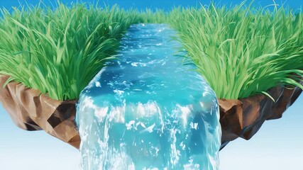 A fantastical, low-poly floating island with grass and a vibrant, cascading waterfall against a clear blue sky - Powered by Adobe
