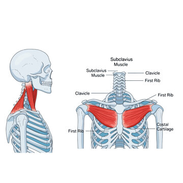 Anatomical Illustration of Human Pectoralis Major Muscles and Clavicle Bone with Detailed Labeling of Subclavius Muscle and First Rib