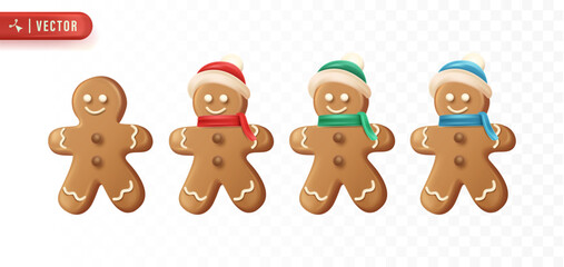 Fototapeta premium Funny gingerbread man cookie set with Christmas hats and scarves symbolizing sweet and festive holiday baking tradition illustration. Christmas 3D Element