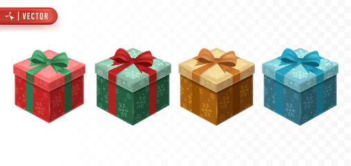 Colorful Christmas gift boxes with shiny ribbons and bows representing joyful holiday presents for winter celebration illustration. Christmas 3D Element