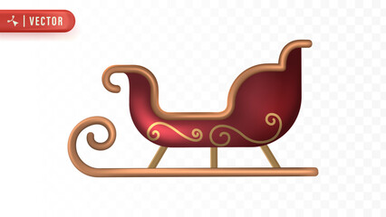 Classic red Santa sleigh vector illustration with gold decorations representing traditional Christmas transportation full of gifts and joy. Christmas 3D Element