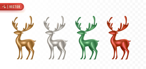 Elegant metallic reindeer set in gold, silver, green, and red colors representing luxury and beauty of Christmas celebration design. Christmas 3D Element © Darwin Vectorian