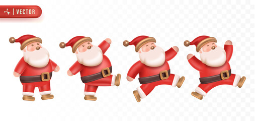 Adorable dancing Santa Claus character poses expressing joy and happiness in a cheerful Christmas celebration vector illustration. Christmas 3D Element