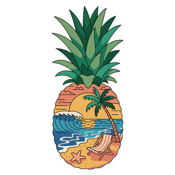 Pineapple shape illustration tropical beach scene inside sunset ocean wave palm tree vector summer travel