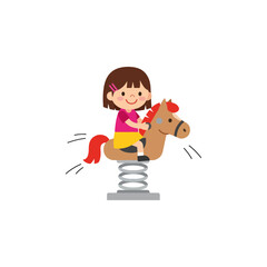 Cute Little Girl Enjoying a Bouncy Horse Ride on a Spring Toy at a Playground or Amusement Park