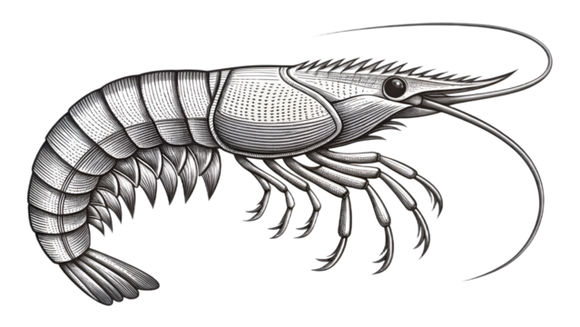 Vintage engraving of a shrimp on a black background