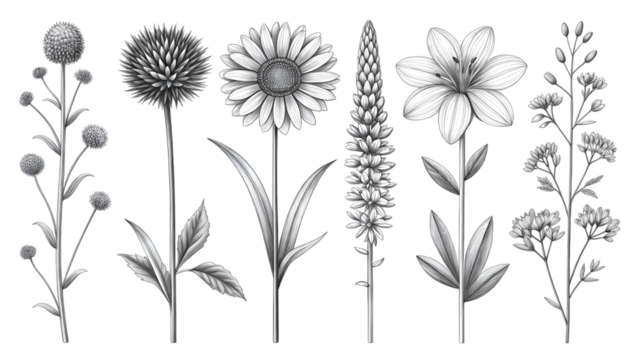 Collection of detailed botanical illustrations of various flowers on black background - Powered by Adobe