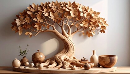 Intricate wooden tree of life sculpture, a hand-carved centerpiece representing nature and fine craftsmanship