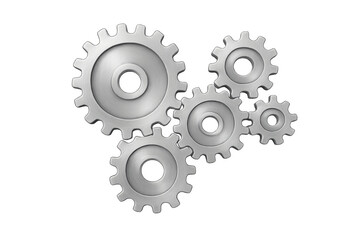 Interlocking metallic gears forming a mechanism, representing teamwork, business concepts, progress, and industry on transparent background