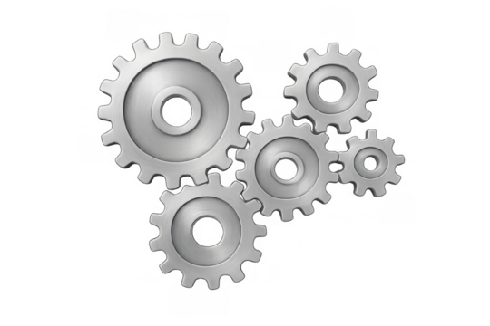 Interlocking metallic gears forming a mechanism, representing teamwork, business concepts, progress, and industry on transparent background