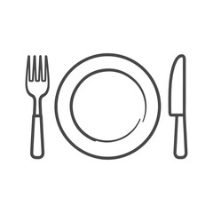 Clean Line Art Icon of a Plate with Fork and Knife Set on a White Background, Simple Dining Utensils Visual