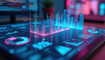 Futuristic digital interface shows city buildings and graphs. Neon blue and pink lights glow on screen. Data visualization displays complex information about business and finance.