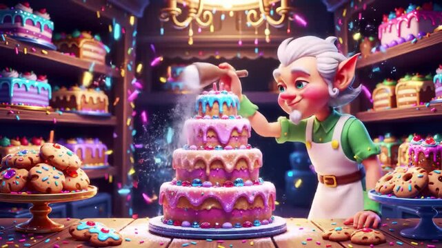Whimsical baker tending to elaborate tiered confection surrounded by shelves of sweet treats