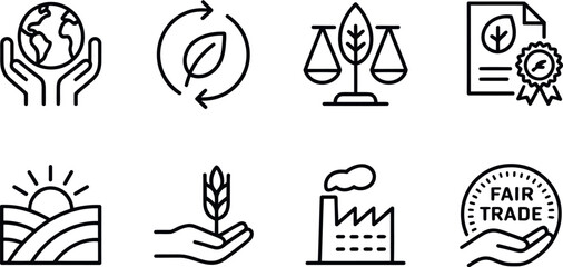 Set of eight minimalist line art icons representing sustainability ecology farming and fair trade concepts vector
