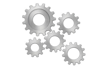 Interlocking metal gears creating a mechanical system. Concept of teamwork, progress, technology, and industry, transparent background