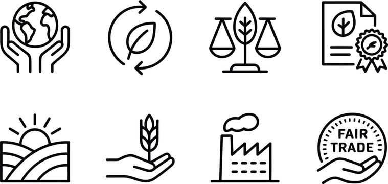 Set of eight minimalist line art icons representing sustainability ecology farming and fair trade concepts vector