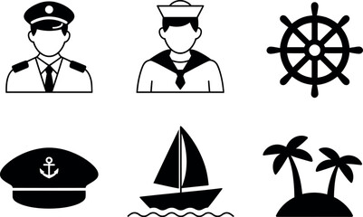 Set of six black and white nautical icons featuring captain sailor ship wheel hat boat and palm trees vector