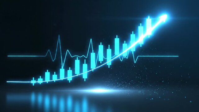 Glowing blue stock market chart with rising trend line and candlesticks for financial growth visualizations