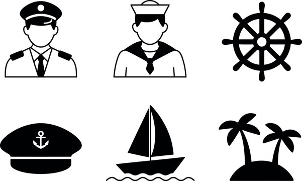 Set of six black and white nautical icons featuring captain sailor ship wheel hat boat and palm trees vector