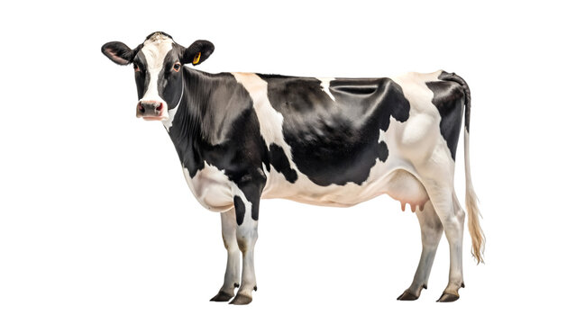 Black and white holstein friesian cow standing against a black background