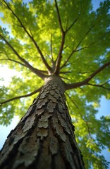 Fototapeta premium Close-up view looking up at a large tree trunk with textured bark against a bright blue sky. Rich green leaves and branches spread out overhead, catching sunlight on a clear day.