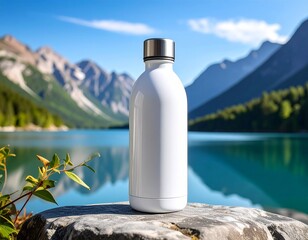Hydrate in Nature White Reusable Water Bottle on Rock with Stunning Lake and Mountain Background