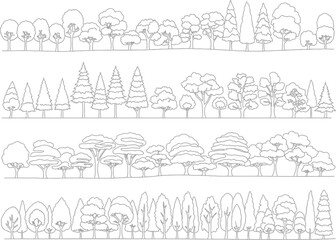 Collection of four distinct black and white sketchy line art illustrations of various dense tree silhouettes representing a forest or park landscape