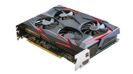 High end graphics card for gaming and cryptocurrency mining on a black backdrop on transparent background