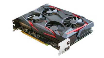 High end graphics card for gaming and cryptocurrency mining on a black backdrop on transparent background