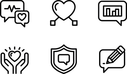 Fototapeta premium Set of six minimalist line art icons representing healthcare communication technology and support services vector