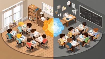 Day and Night Classroom: A split image showing a classroom transitioning from bright daylight to the darkness of night, with students engaged in their studies.