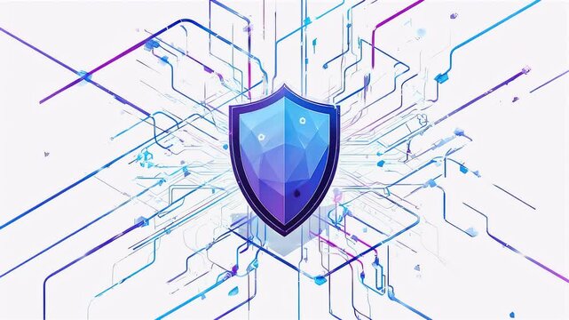 Abstract shield with blue circuit-like lines on white, suggesting technology and security