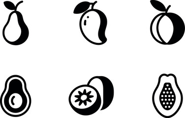 Six minimalist black and white fruit icons set pear mango peach avocado kiwi papaya simple flat design vector