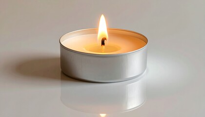 A single lit tea light candle casting a warm, soft glow and gentle reflection on a pristine white surface, symbolizing peace, comfort, and quiet contemplation for an inviting ambiance
