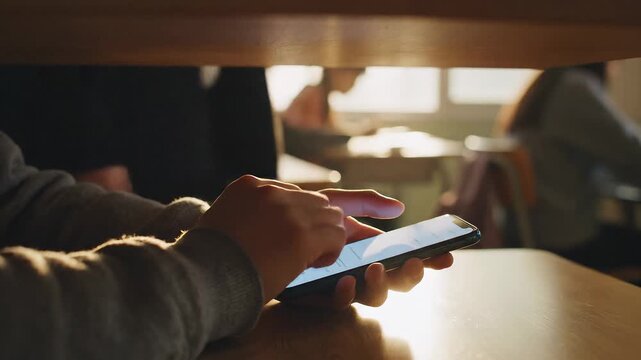Student using smartphone under desk in classroom during lecture secretly texting and browsing social media platforms