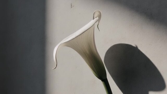 White calla lily against textured wall, casting a distinct shadow in light