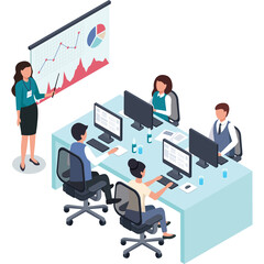 Diverse business team collaborates in modern office setting during a presentation with charts and graphs displayed on a screen and computers on a light blue desk with a white background