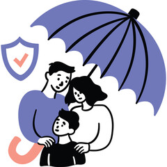 Diverse Family Protected Under Blue Umbrella With Shield Icon Symbolizing Safety and Security Togetherness and Support