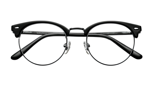Retro spectacles with black upper rim, metal frames, on black